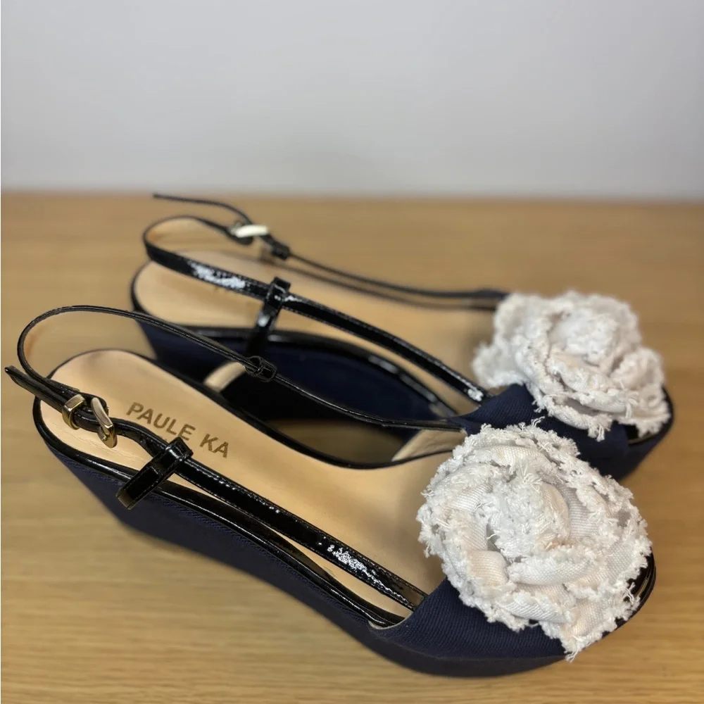 Paule Ka Women's Blue Denim Look and White With Black‎ Straps Wedge Sandals